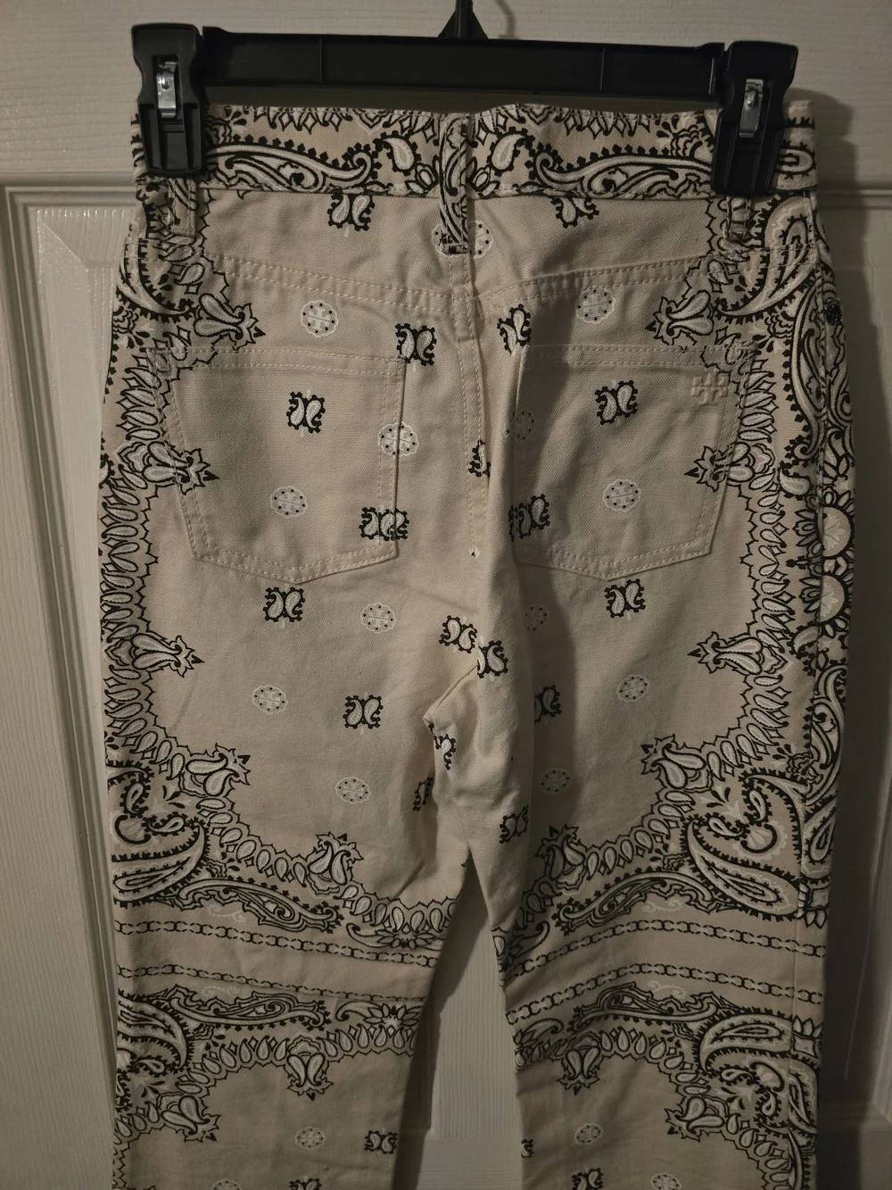 Tory Burch Cream and Black Bandana-Print Boot Cut Jeans